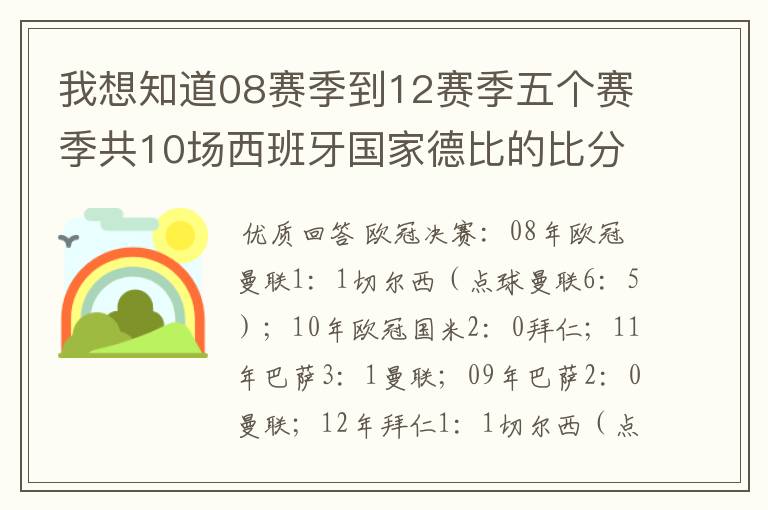 我想知道08赛季到12赛季五个赛季共10场西班牙国家德比的比分,每场的比分 还有这五个赛季欧冠决赛的.