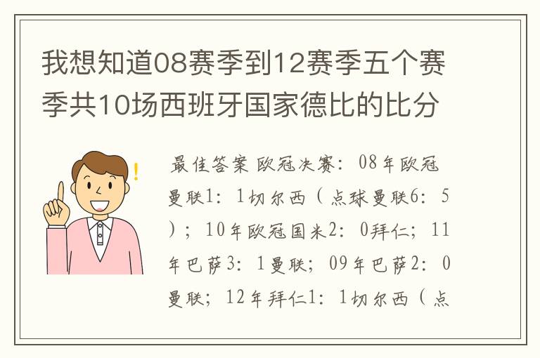 我想知道08赛季到12赛季五个赛季共10场西班牙国家德比的比分,每场的比分 还有这五个赛季欧冠决赛的.