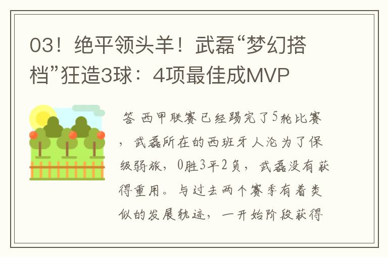 03!绝平领头羊!武磊“梦幻搭档”狂造3球:4项最佳成MVP