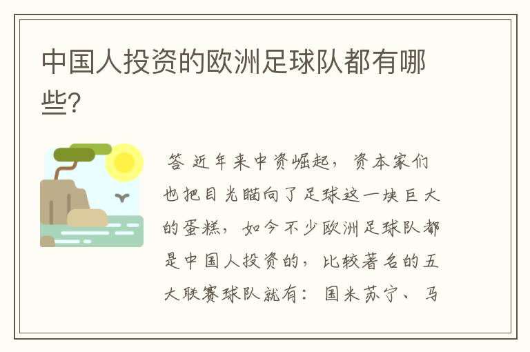 中国人投资的欧洲足球队都有哪些?