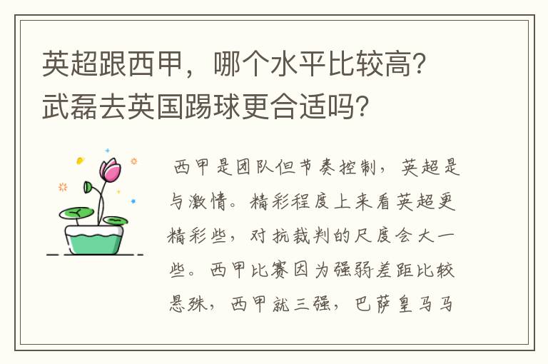 英超跟西甲,哪个水平比较高?武磊去英国踢球更合适吗?