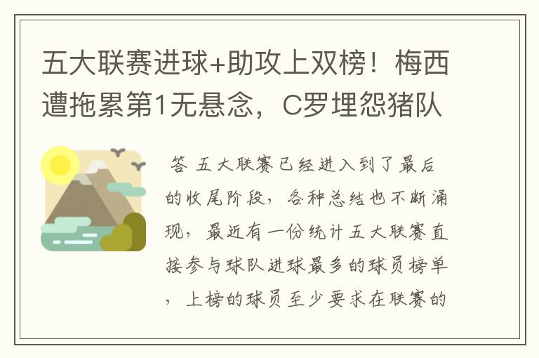 五大联赛进球+助攻上双榜!梅西遭拖累第1无悬念,C罗埋怨猪队友