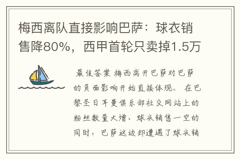 梅西离队直接影响巴萨:球衣销售降80%,西甲首轮只卖掉1.5万球票