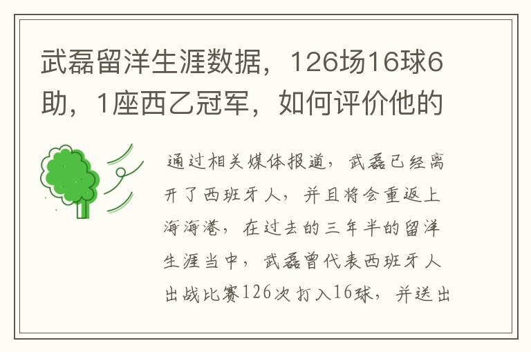 武磊留洋生涯数据,126场16球6助,1座西乙冠军,如何评价他的表现?