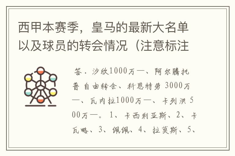 西甲本赛季,皇马的最新大名单以及球员的转会情况(注意标注球员身价)