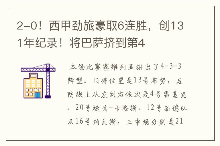 2-0!西甲劲旅豪取6连胜,创131年纪录!将巴萨挤到第4