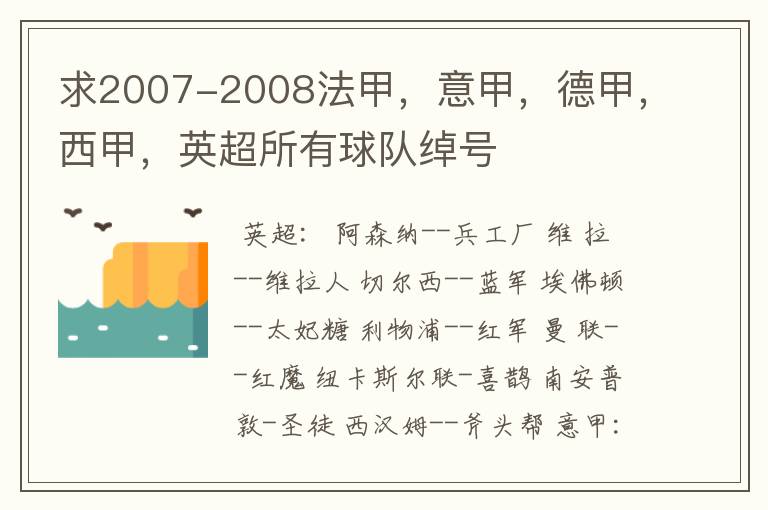 求2007-2008法甲,意甲,德甲,西甲,英超所有球队绰号