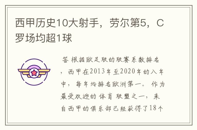 西甲历史10大射手,劳尔第5,C罗场均超1球