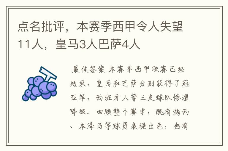 点名批评,本赛季西甲令人失望11人,皇马3人巴萨4人