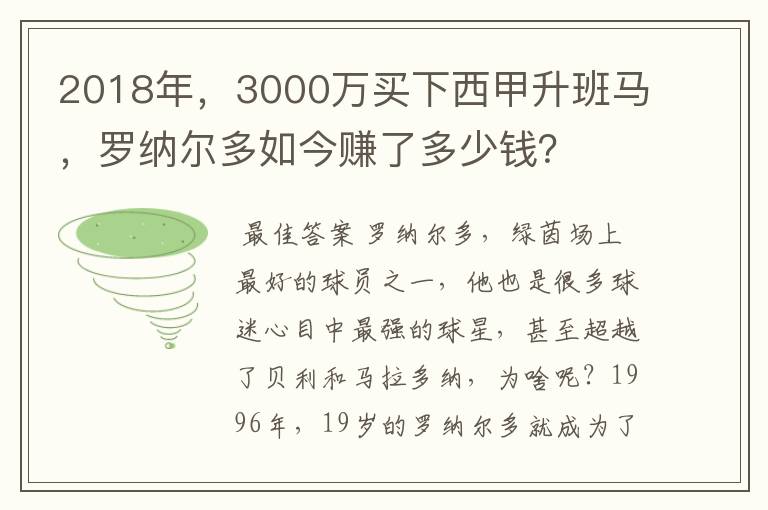 2018年,3000万买下西甲升班马,罗纳尔多如今赚了多少钱?