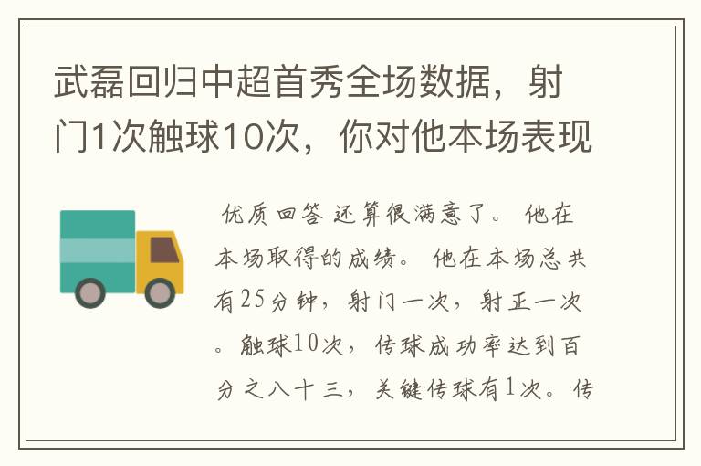 武磊回归中超首秀全场数据,射门1次触球10次,你对他本场表现是否满意?