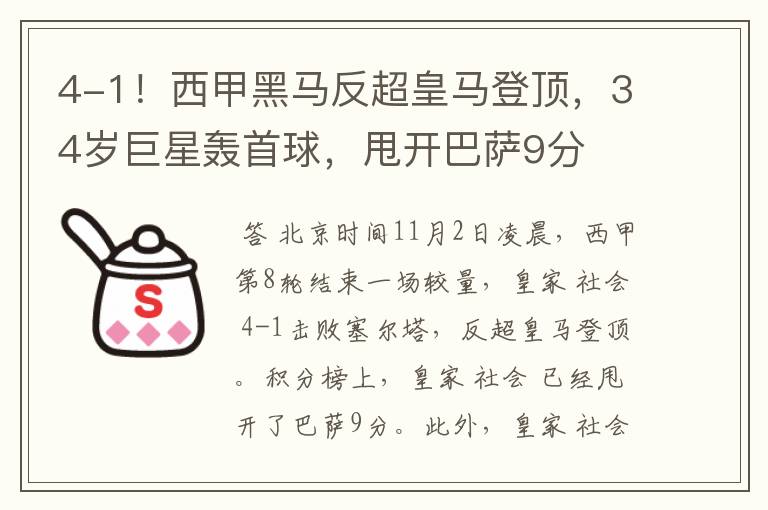 4-1！西甲黑马反超皇马登顶，34岁巨星轰首球，甩开巴萨9分