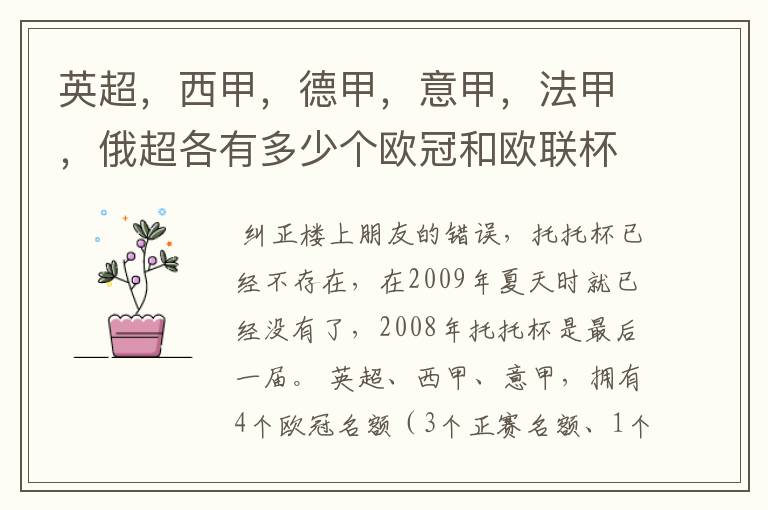 英超,西甲,德甲,意甲,法甲,俄超各有多少个欧冠和欧联杯名额?