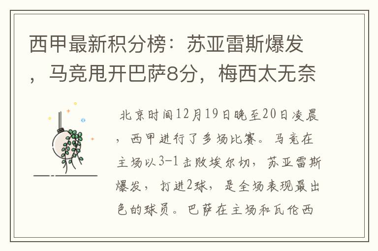 西甲最新积分榜:苏亚雷斯爆发,马竞甩开巴萨8分,梅西太无奈