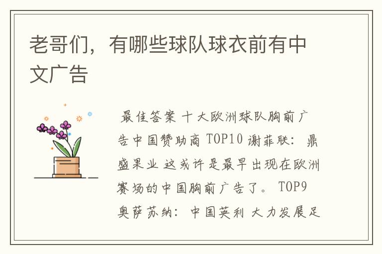 老哥们,有哪些球队球衣前有中文广告