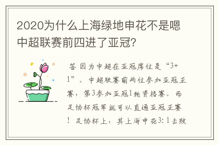 2020为什么上海绿地申花不是嗯中超联赛前四进了亚冠?