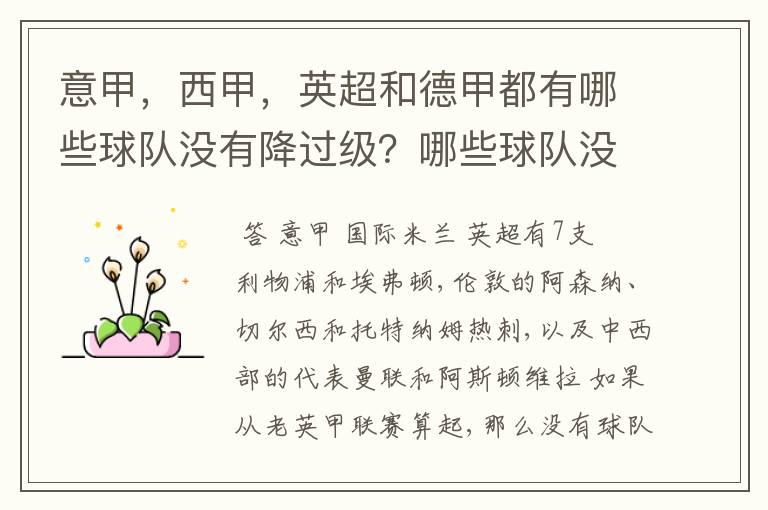 意甲,西甲,英超和德甲都有哪些球队没有降过级?哪些球队没降过级?