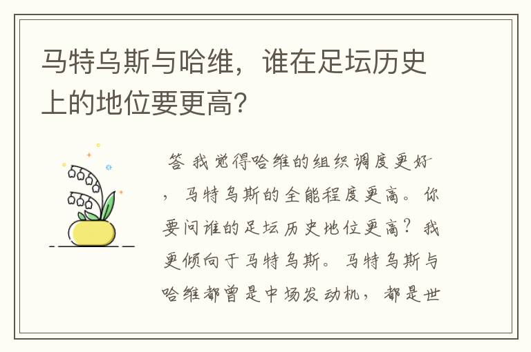 马特乌斯与哈维,谁在足坛历史上的地位要更高?