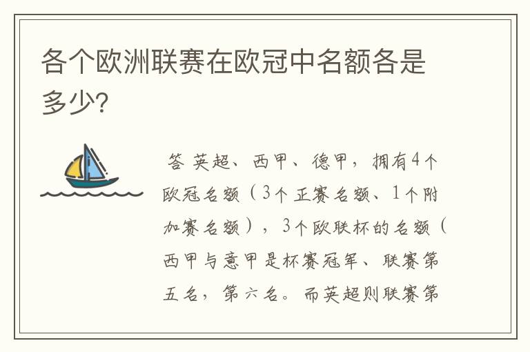各个欧洲联赛在欧冠中名额各是多少?