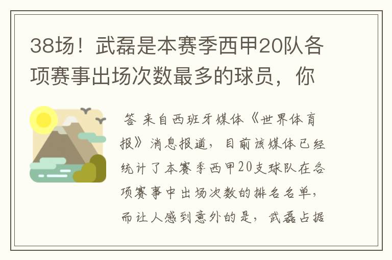 38场!武磊是本赛季西甲20队各项赛事出场次数最多的球员,你怎么看?
