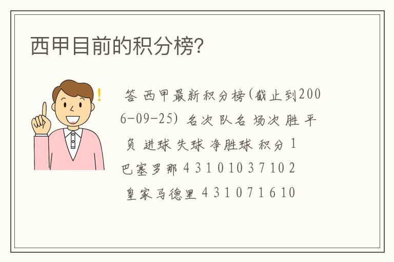 西甲目前的积分榜?