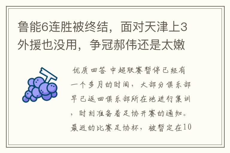 鲁能6连胜被终结,面对天津上3外援也没用,争冠郝伟还是太嫩