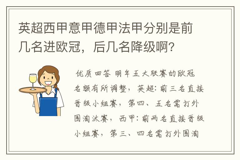 英超西甲意甲德甲法甲分别是前几名进欧冠,后几名降级啊?