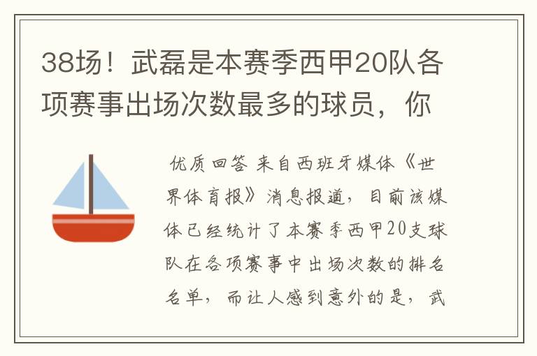 38场!武磊是本赛季西甲20队各项赛事出场次数最多的球员,你怎么看?