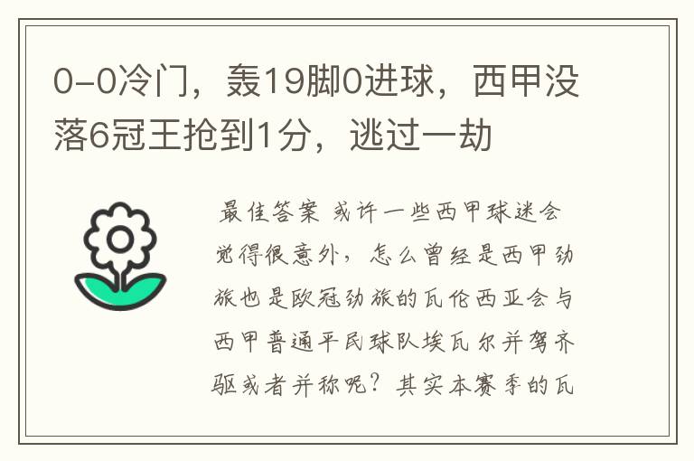 0-0冷门,轰19脚0进球,西甲没落6冠王抢到1分,逃过一劫