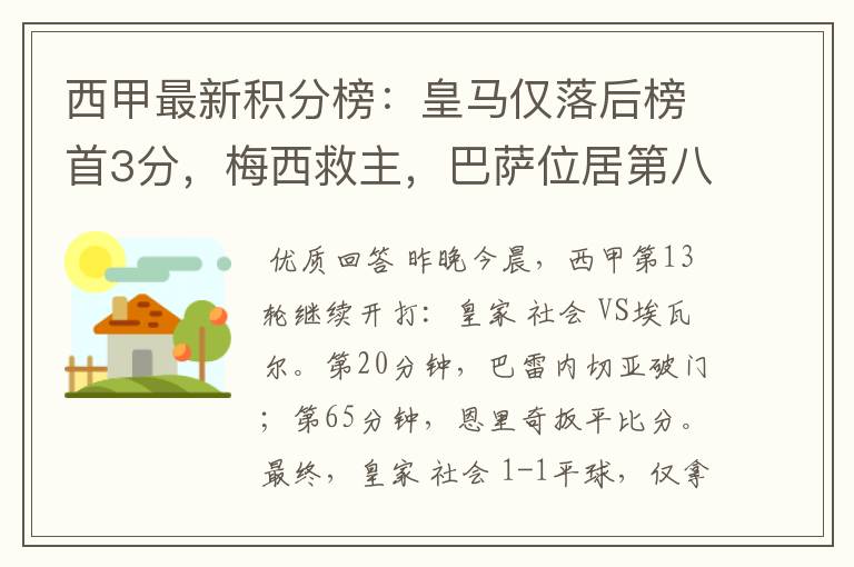 西甲最新积分榜:皇马仅落后榜首3分,梅西救主,巴萨位居第八