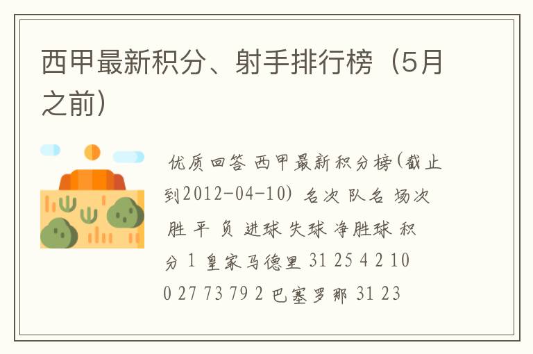 西甲最新积分、射手排行榜(5月之前)
