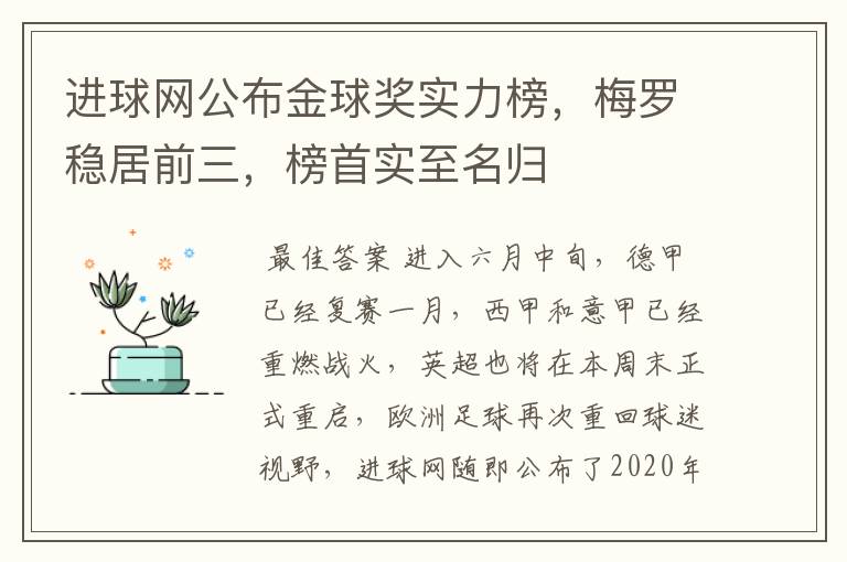 进球网公布金球奖实力榜,梅罗稳居前三,榜首实至名归