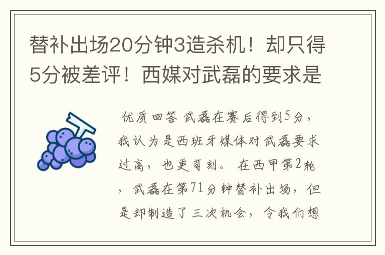 替补出场20分钟3造杀机!却只得5分被差评!西媒对武磊的要求是不是太高?