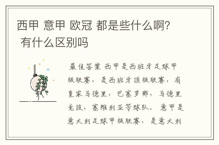 西甲 意甲 欧冠 都是些什么啊? 有什么区别吗