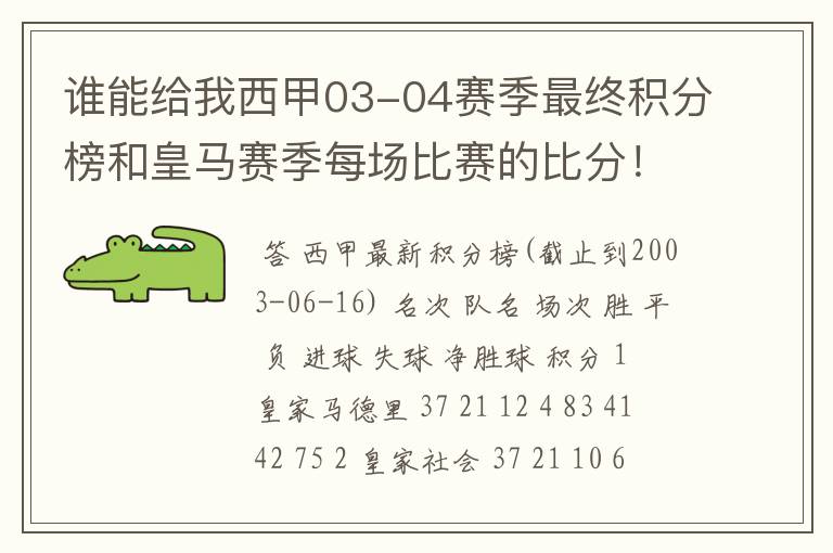 谁能给我西甲03-04赛季最终积分榜和皇马赛季每场比赛的比分!