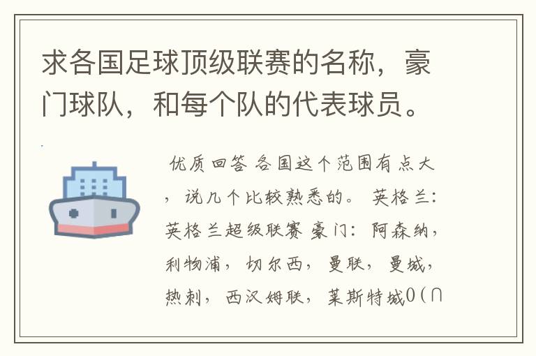 求各国足球顶级联赛的名称,豪门球队,和每个队的代表球员。