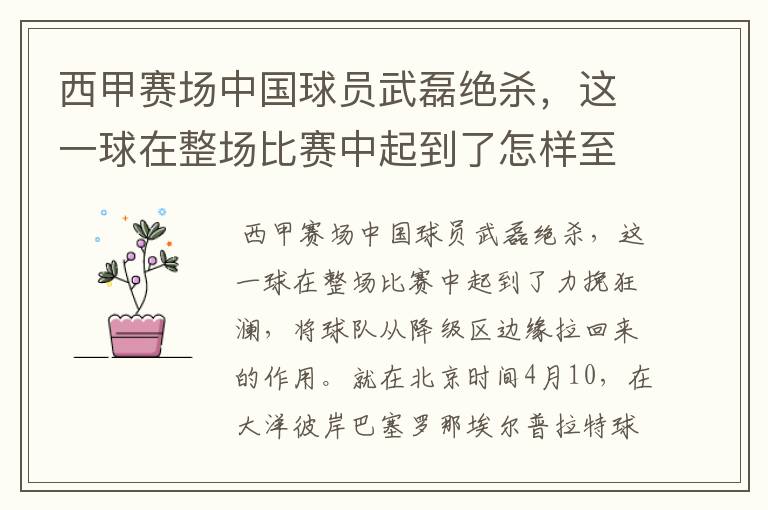 西甲赛场中国球员武磊绝杀,这一球在整场比赛中起到了怎样至关作用?