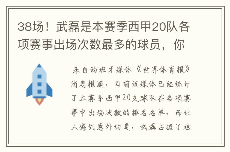 38场!武磊是本赛季西甲20队各项赛事出场次数最多的球员,你怎么看?