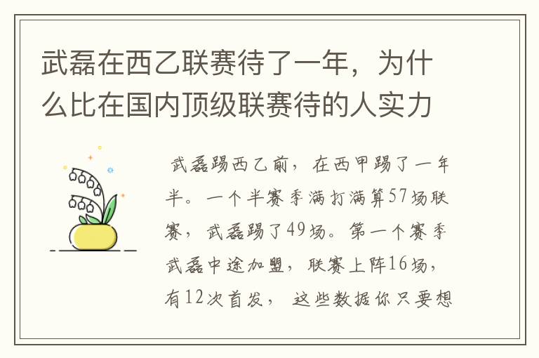 武磊在西乙联赛待了一年,为什么比在国内顶级联赛待的人实力高出那么多?