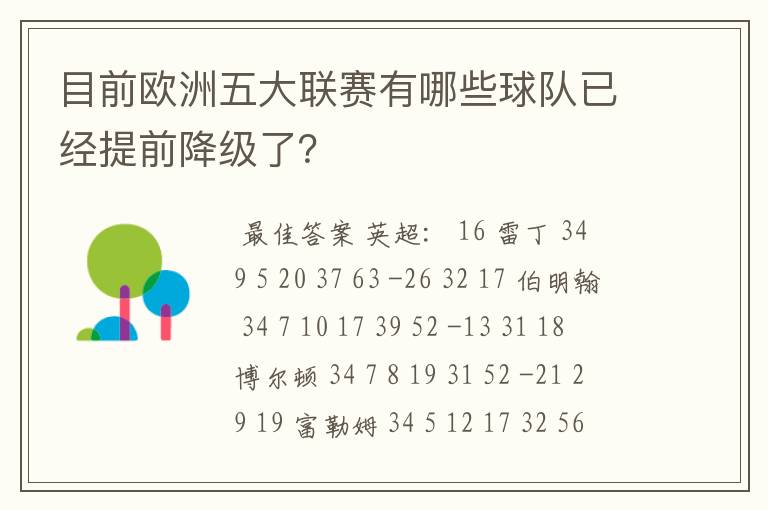 目前欧洲五大联赛有哪些球队已经提前降级了?