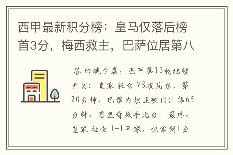 西甲最新积分榜:皇马仅落后榜首3分,梅西救主,巴萨位居第八