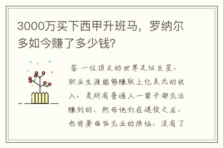 3000万买下西甲升班马,罗纳尔多如今赚了多少钱?