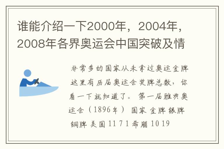 谁能介绍一下2000年,2004年,2008年各界奥运会中国突破及情况,还有资料?