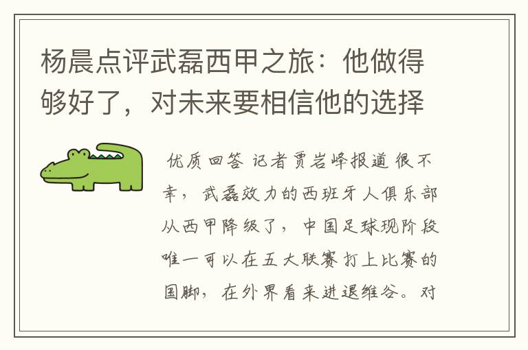 杨晨点评武磊西甲之旅:他做得够好了,对未来要相信他的选择