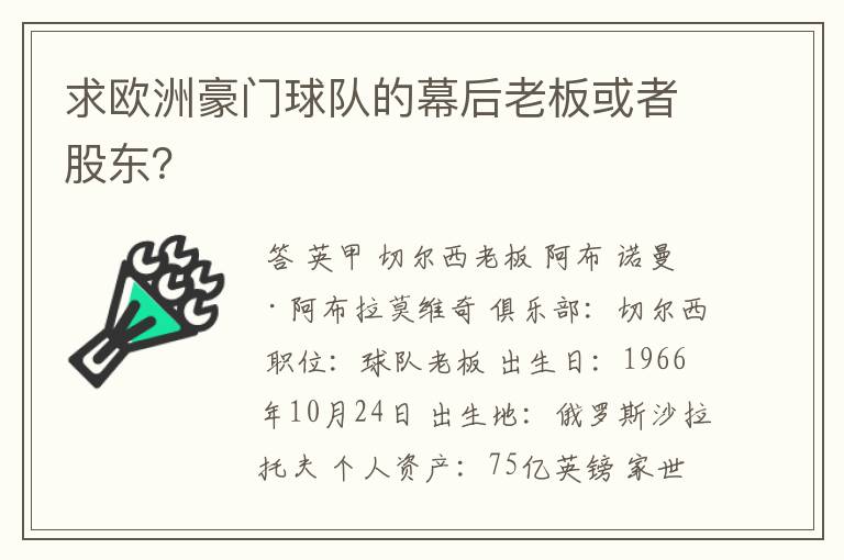 求欧洲豪门球队的幕后老板或者股东?