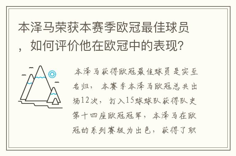 本泽马荣获本赛季欧冠最佳球员,如何评价他在欧冠中的表现?