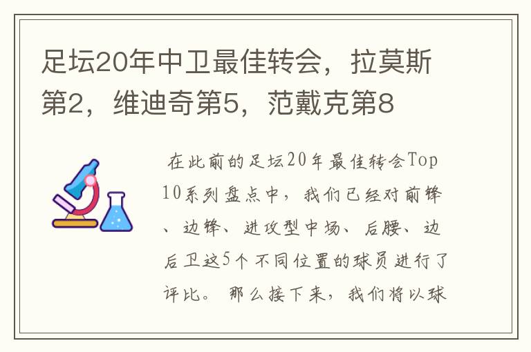 足坛20年中卫最佳转会,拉莫斯第2,维迪奇第5,范戴克第8