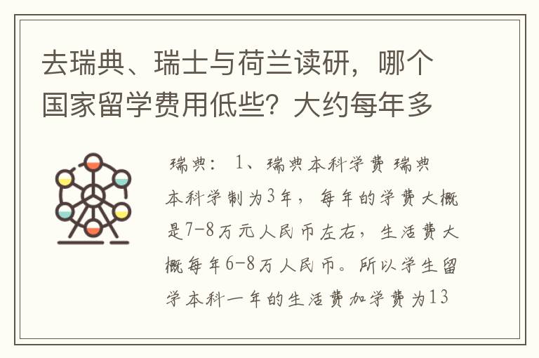 去瑞典、瑞士与荷兰读研,哪个国家留学费用低些?大约每年多少钱?