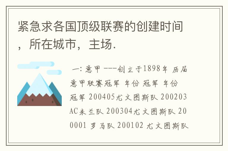 紧急求各国顶级联赛的创建时间,所在城市,主场.
