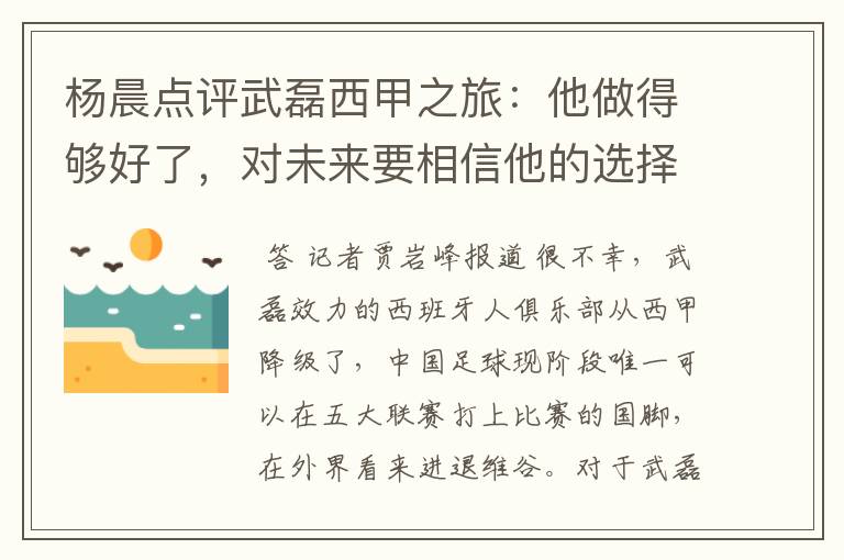 杨晨点评武磊西甲之旅:他做得够好了,对未来要相信他的选择